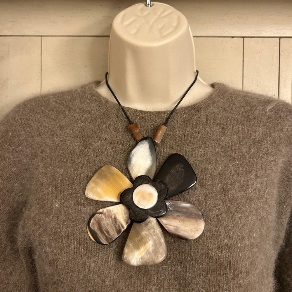 Peruvian Soul Statement Necklace Flower Horn Leather Tie Boho Chic Adjustable